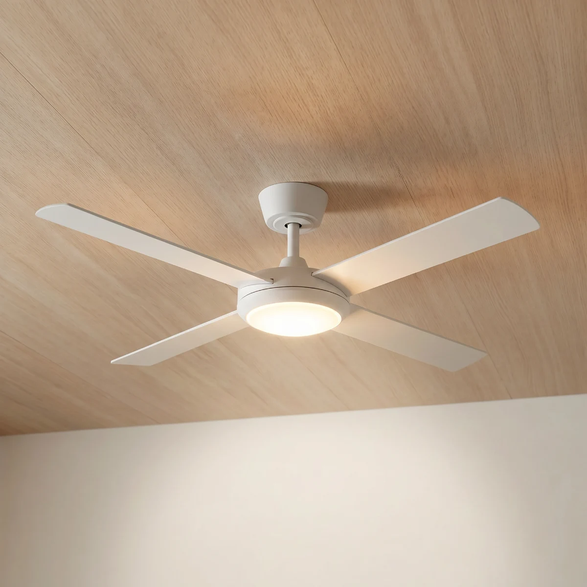 fanco-eco-silent-pro-48-inches-dc-ceiling-fan-white-with-lights-on-wooden-ceiling-angled-view-close-up-insitu
