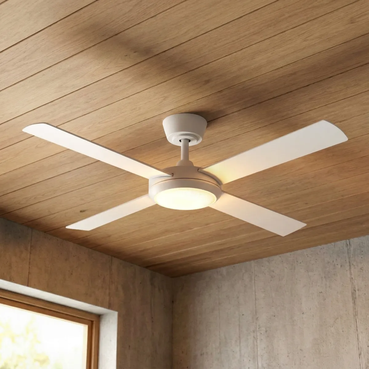 fanco-eco-silent-pro-48-inches-dc-ceiling-fan-white-with-lights-on-wooden-indoor-angled-view-close-up-insitu