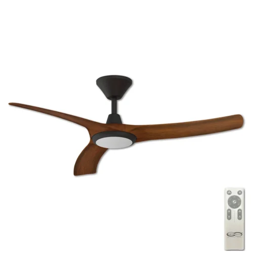 Aqua 3 IP66 DC Ceiling Fan by Hunter Pacific with LED Light - Black with Koa Timber Style 52"