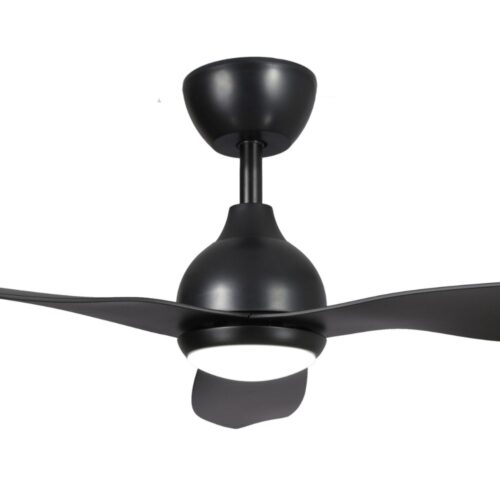 Close-up of black Whisper IP66 DC ceiling fan with LED, 52-inch