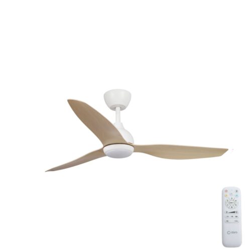 White Whisper IP66 DC ceiling fan with LED and light oak blades, 52-inch remote control