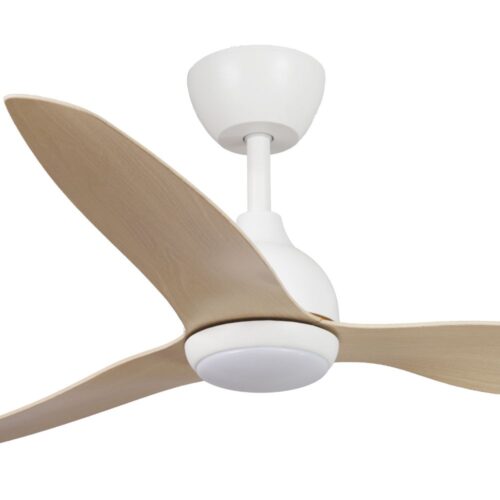 Close-up of white Whisper IP66 DC ceiling fan with LED and light oak blades, 52-inch