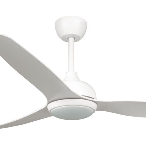 Close-up of white Whisper IP66 ceiling fan with LED, 58-inch