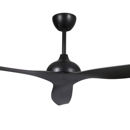 Close-up of black Whisper IP66 ceiling fan, 58-inch