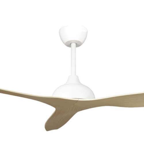 Close-up of white Whisper IP66 ceiling fan with beechwood blades, 58-inch