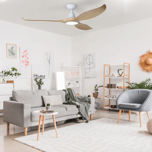 Eglo Noosa DC Ceiling Fan with LED 60" - White with Blackbutt - living room