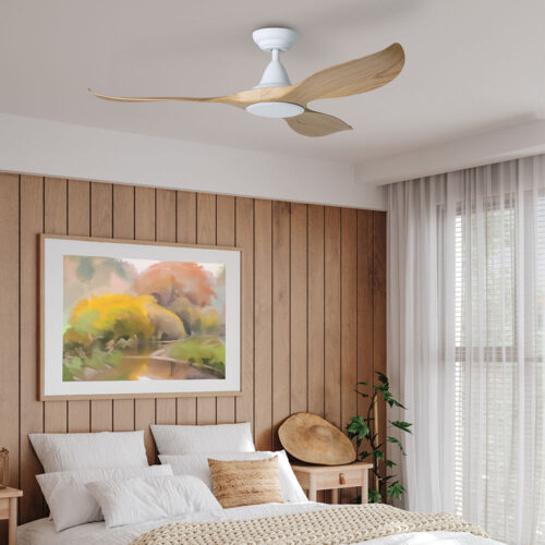 Eglo Noosa DC Ceiling Fan in White with Blackbutt blades - 52" in bedroom