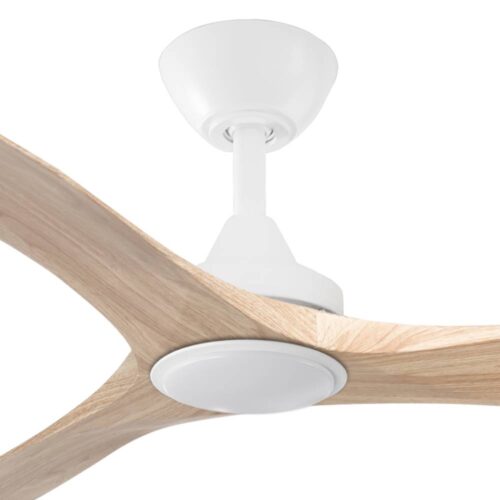 Spitfire DC Ceiling Fan by Three Sixty with LED Light - White with Light Oak Blades 52" - close up